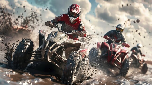 Dynamic scene of quads racing through muddy terrain, showcasing action and speed. The riders navigate a sharp turn, creating an exhilarating moment in off-road racing.