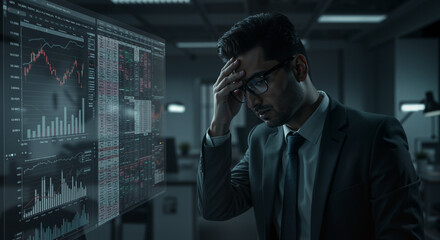 Frustrated businessman analyzing complex financial data on futuristic holographic screens experiencing business stress and uncertainty