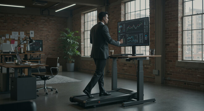 Businessman walks on treadmill desk while reviewing financial charts on multiple monitors in modern office space