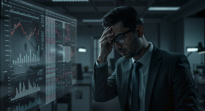 Frustrated businessman analyzing complex financial data on futuristic holographic screens experiencing business stress and uncertainty