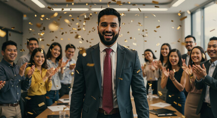 Successful businessman celebrating achievement with cheering colleagues in a modern office environment surrounded by falling confetti