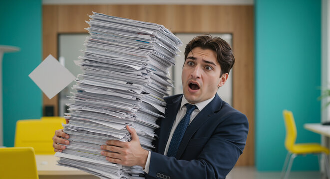 Overwhelmed businessman struggling with an immense stack of documents in his office space - Powered by Adobe