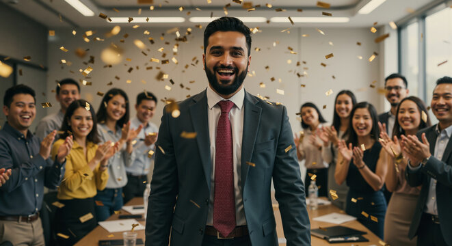 Successful businessman celebrating achievement with cheering colleagues in a modern office environment surrounded by falling confetti