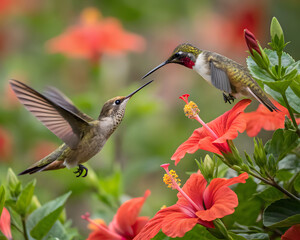 Hummingbirds And Red Hibiscus 