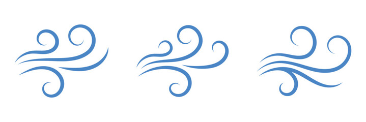 Wind blow line set in doodle style. Blue hand drawn wind swirls and gusts. Decorative breeze symbols for weather, nature, and climate designs. Vector illustration. EPS 10