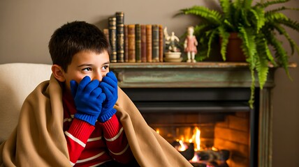 Cold boy covered in blanket and gloves sitting near fireplace indoors

