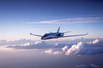 Obraz premium High-Altitude Side View of a Futuristic Silver-Gray Aircraft Flying Above Sunlit Cumulus Clouds with a Cool Blue Sky Gradient and Ethereal Atmosphere (1)