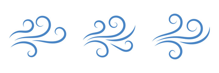 Wind blow line set in doodle style. Blue hand drawn wind swirls and gusts. Decorative breeze symbols for weather, nature, and climate designs. Vector illustration. EPS 10
