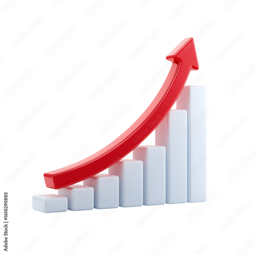 Poster red arrow rising above white bar graph isolated on transparent background