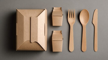 Eco-friendly disposable cutlery set in a brown cardboard box. Includes wooden spoon, fork, and knife. Ideal for sustainable dining solutions.
