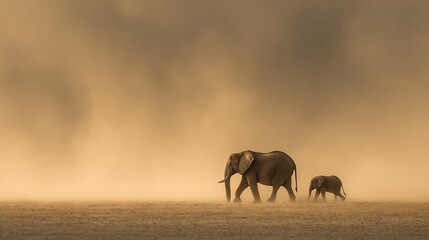 Majestic adult elephant and calf walk together through a dusty african savannah landscape