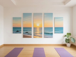 Obraz premium Yoga studio with wooden floor, purple mats, and a wall adorned with a multi-panel ocean sunset artwork.
