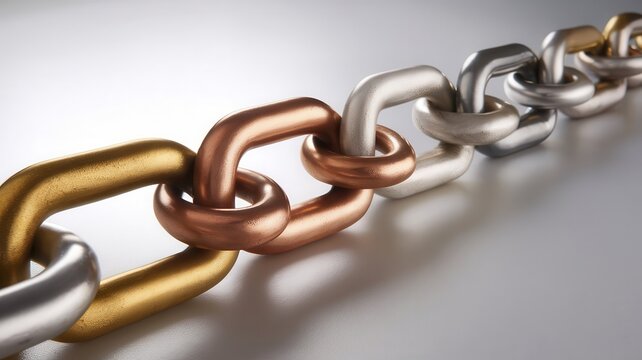Interlocking multi-metallic chain links represent connection, strength and union