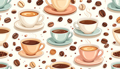 Obraz premium Seamless vector pattern of coffee cups and beans 