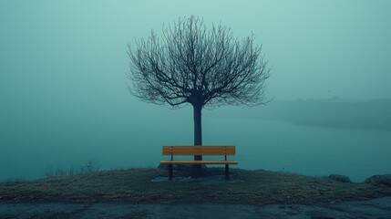 An abandoned park bench under a withered tree in a desolate park