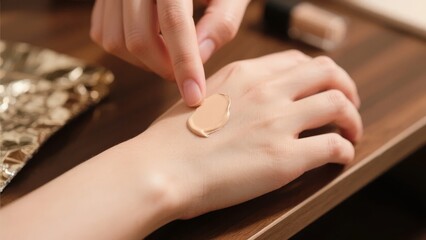 Person applying makeup product on hand, demonstrating texture and color