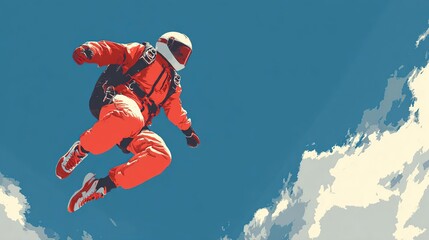 An astronaut in an orange space suit is free-falling through a clear blue sky with fluffy white clouds. The scene captures the thrill of space exploration.