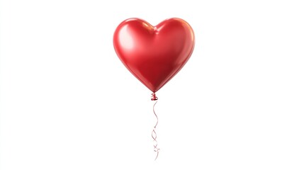 A glossy, heart-shaped red balloon floats against a stark white background, tied with a ribbon