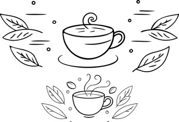 Hand-drawn illustration: Two steaming cups of tea, surrounded by leaves; calming, minimalist style.