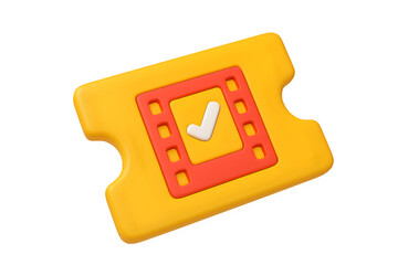 Movie Ticket Icon with Check Mark and Film Border – 3D Illustration