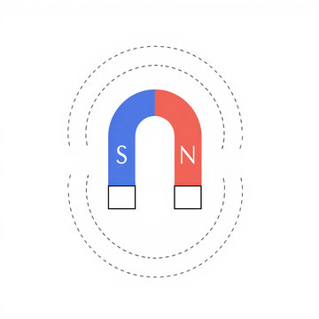 A simple illustration of a horseshoe magnet with marked north and south poles, showing magnetic field lines around it