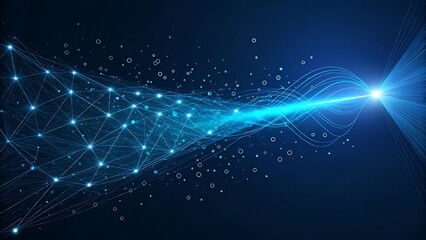 Abstract Network Connection with Glowing Nodes and Data Stream on Dark Blue