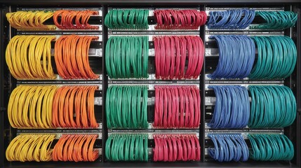 Colorful network cables in organized racks