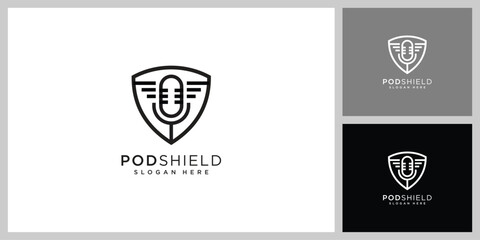 podcast and shield logo vector design template