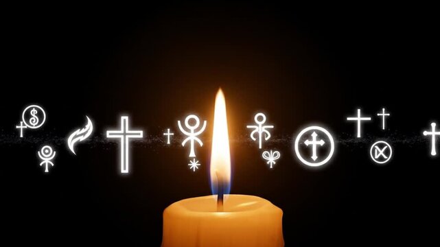Glowing Candle Illuminates Diverse Spiritual and Alchemical Symbols in Darkness