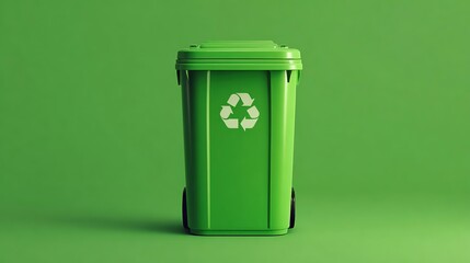 A green recycling bin is placed on a city street. The bin features a recycling symbol. Modern buildings are visible in the background.