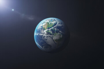 Fototapeta premium Photorealistic Image of Earth from Space with Detailed Continents, Oceans, and Atmosphere Centered Against a Black Background with Subtle Lens Flare (1)