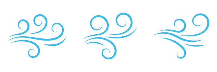 Wind line set. Blue hand drawn wind swirls and gusts. Decorative breeze symbols for weather, nature, and climate designs. Vector illustration isolated on white background