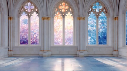 Obraz premium Four magnificent and vibrant stained glass windows illuminate the sacred interior of the magnificent Gothic cathedral.