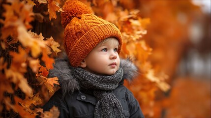 A young Caucasian boy with light brown hair wears an orange knitted hat and a black coat. He stands among vibrant autumn leaves, looking thoughtfully into the distance.