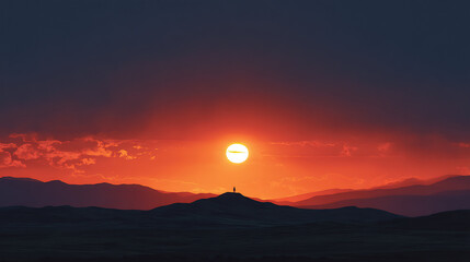 Low sunset flaring behind solitary ridge