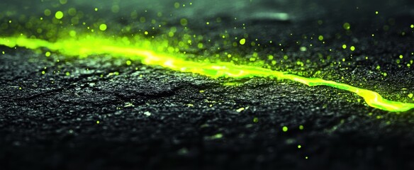 Glowing Neon Green Light Trail on Textured Black Surface with Sparkles and Grunge Background