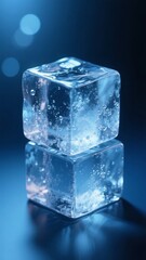 Obraz premium A single ice cube resting on a reflective surface with a blue background