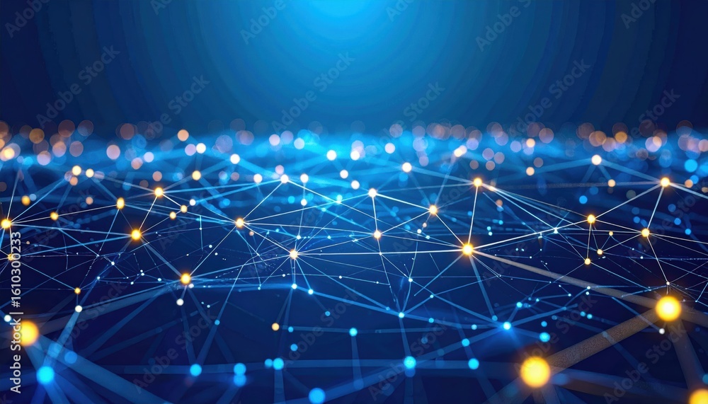 Poster a digital network of interconnected nodes and glowing points represents data connections in a futuri