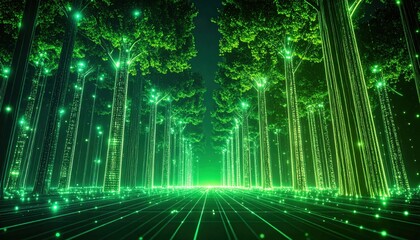 Obraz premium A futuristic digital forest with glowing green trees and light particles, blending nature with technology in a cybernetic landscape.