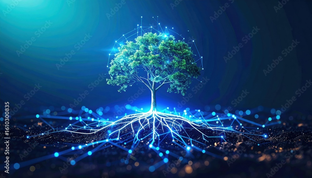 Poster a digital tree with glowing roots symbolizes technology merging with nature in a futuristic, network