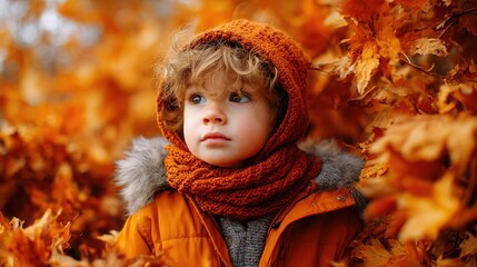 A young Caucasian boy with light brown hair wears an orange knitted hat and a black coat. He stands among vibrant autumn leaves, looking thoughtfully into the distance.
