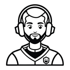 Focused Gamer Illustration A Black and White Esports Design with Headphones Computer and Drinks ready for Competition or Streaming