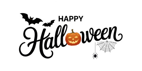 “Happy Halloween” typography with pumpkin, bats, and spider web — perfect for festive greeting cards, party invitations, or seasonal decorations.