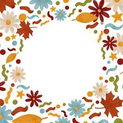 Fall floral square frame with simple flowers, leaves and confetti watercolor isolated illustration. Festive autumn template with round copy space