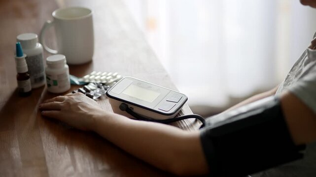 Woman checking blood pressure hypotension diagnostic on medical tonometer