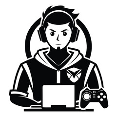 Focused Gamer Illustration A Black and White Esports Design with Headphones Computer and Drinks ready for Competition or Streaming