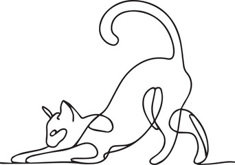 A minimalistic line art illustration of a graceful cat stretching with its tail curled upward. The cat is drawn with flowing, fluid lines, capturing delicate curves and soft details.
