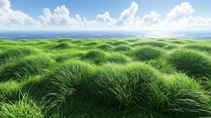 An expansive field of tall, swaying wild grass under a broad blue sky