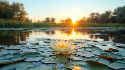An expansive wetland marsh dotted with scattered water lilies and mirror-like reflections