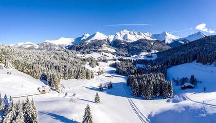 Aerial view of snowy mountain landscape with forest and buildings in winter